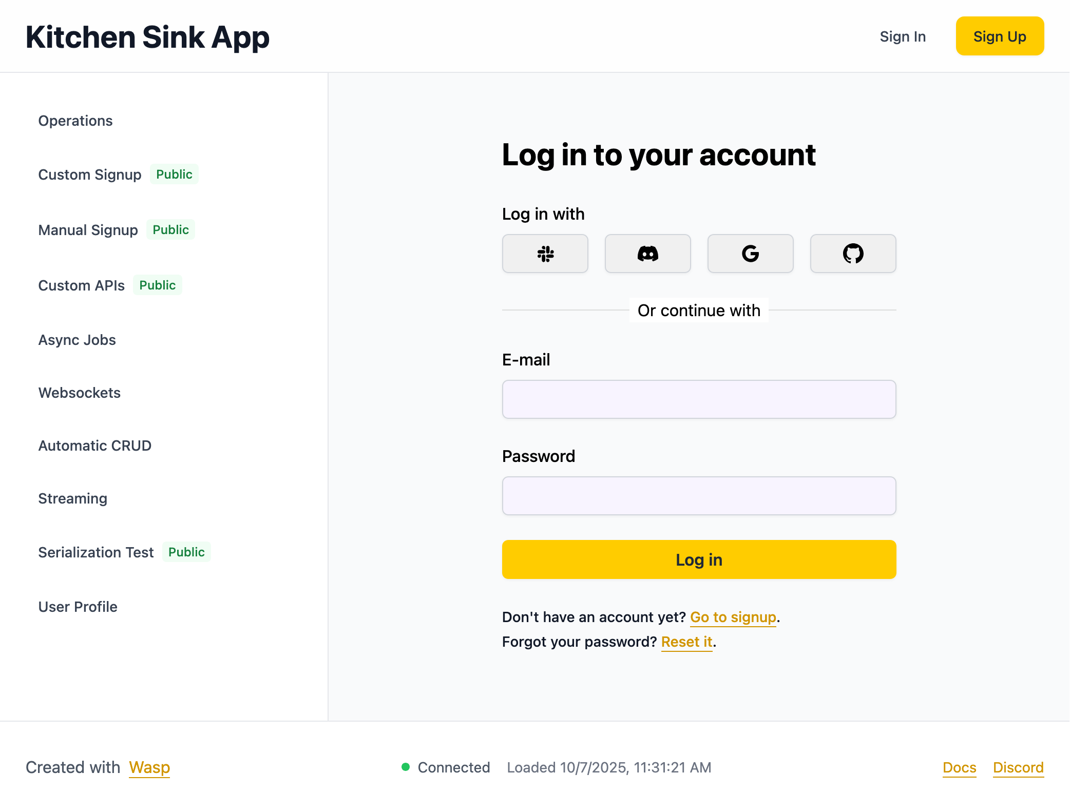 Login page of the kitchen-sink application