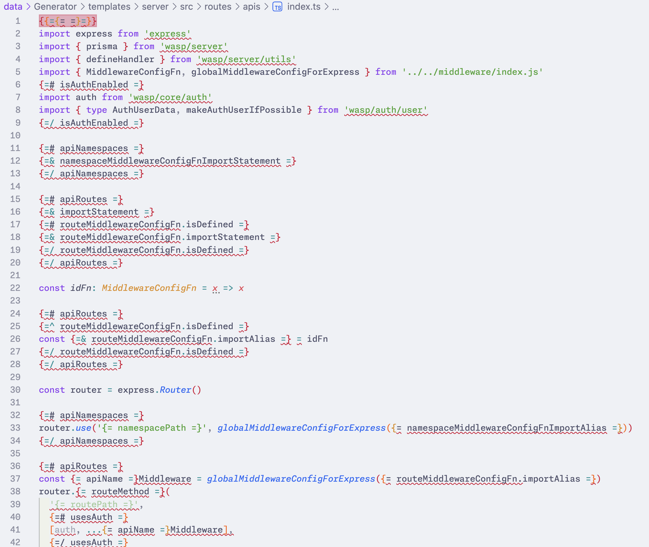 Mustache template TypeScript file opened in code editor showcasing broken linters and formatters
